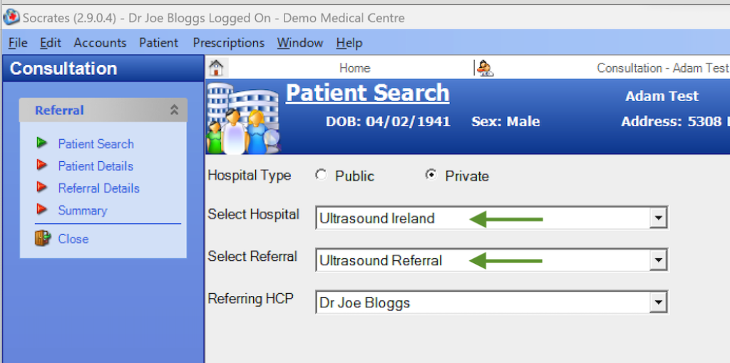 HealthLink referral screenshot showing Ultrasound Ireland selection